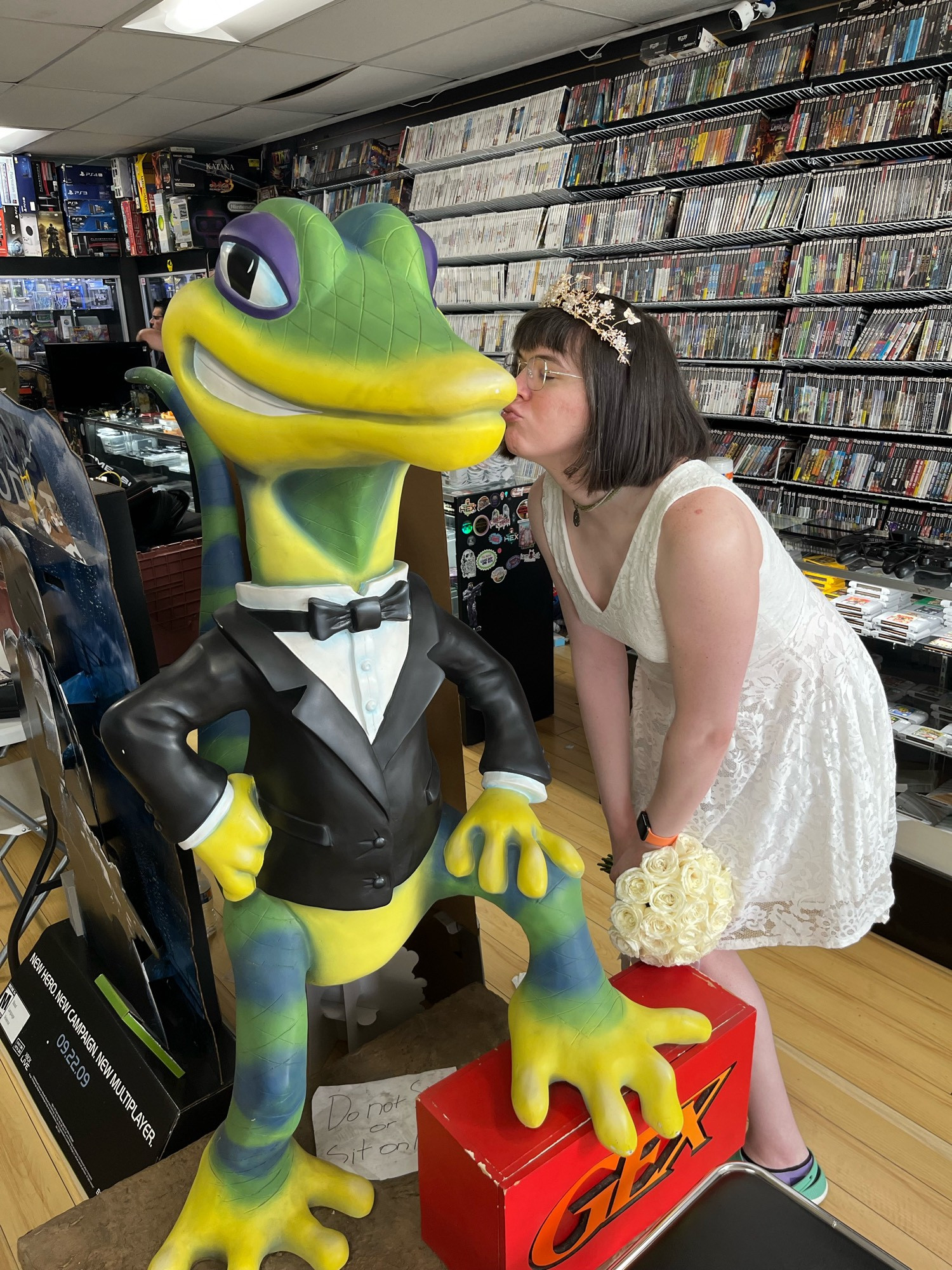 me wearing a wedding dress and kissing Gex