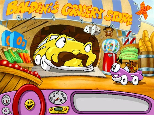 a screenshot from Putt-Putt Saves the Zoo - Putt-Putt talking to Mr. Baldini in front of his grocery store