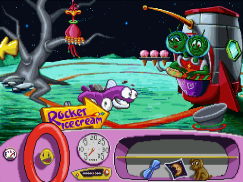 a screenshot from Putt-Putt Goes to the Moon - Putt-Putt visiting an ice cream shop on the moon