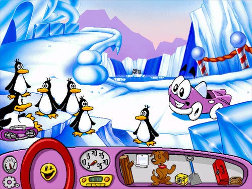 a screenshot from Putt-Putt Saves the Zoo - meeting a group of penguins