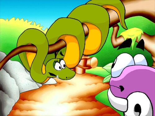 a screenshot from Putt-Putt Saves the Zoo - a snake cries over her missing child